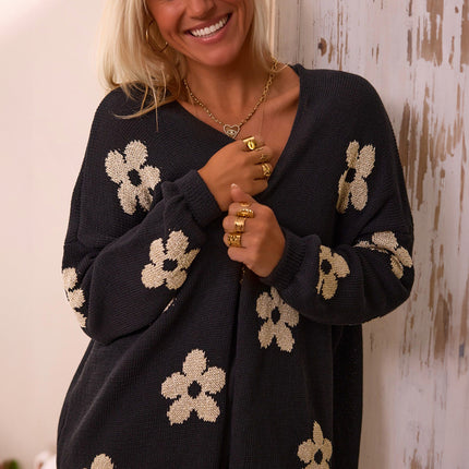 Black Floral Print Knitted Open Front Loose Cardigan