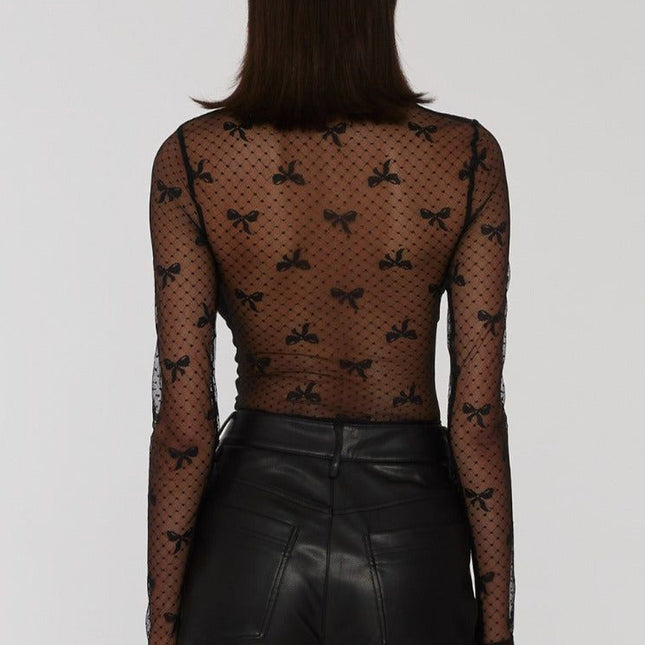 Black Bow Pattern Accent Mesh Long Sleeve Top