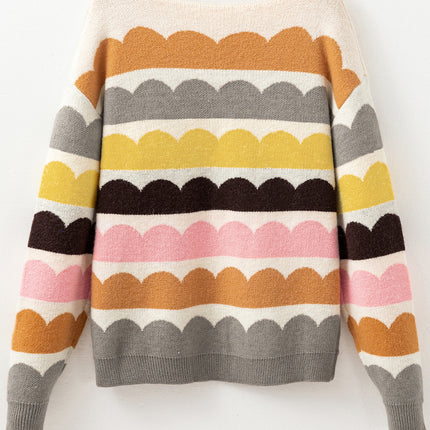 Yellow Wave Striped Balloon Sleeve Drop Shoulder Sweater