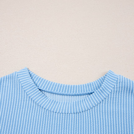 Dark Blue Corded Knit Color Block Pocketed Crew Neck T Shirt
