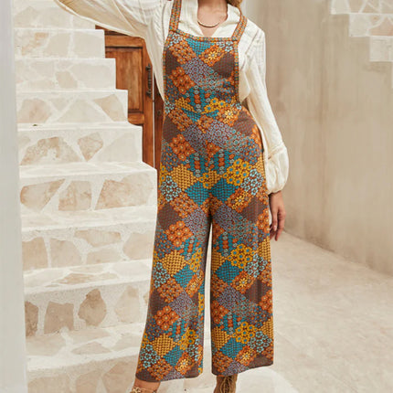 Multicolour Boho Floral Print Crossed Straps Ankle-length Jumpsuit