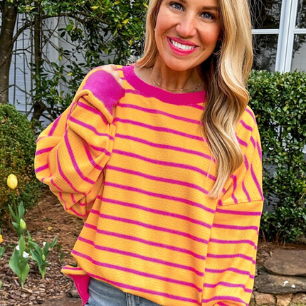 Orange Stripe Trimmed Round Neck Drop Shoulder Loose Sweater