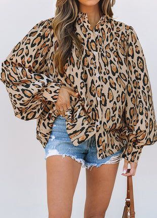 Light French Beige Oversized Leopard Print Balloon Sleeve Casual Shirt