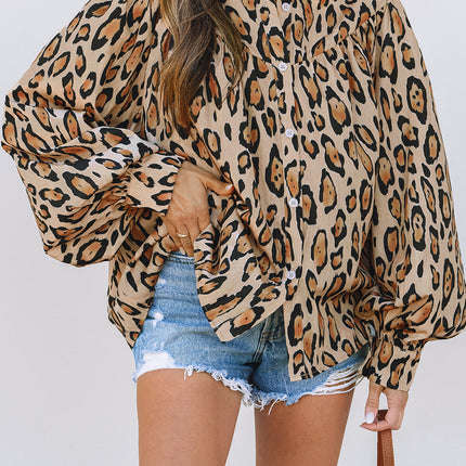 Light French Beige Oversized Leopard Print Balloon Sleeve Casual Shirt