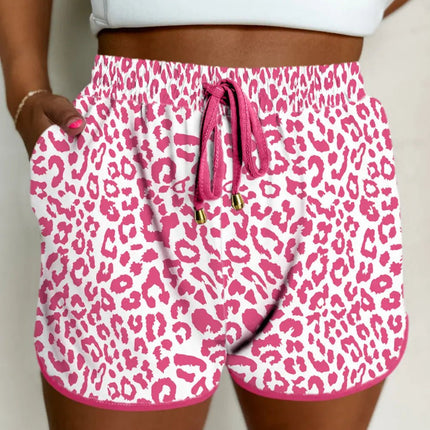 Pink Leopard Elastic Waistband Lace up Contrast Trim Casual Shorts Dear-Lover Dropshipping