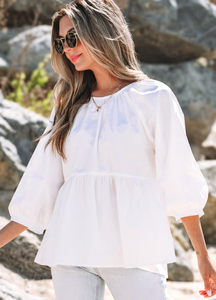 White Bow Knot Cutout Back Loose Fit 3/4 Sleeve Blouse