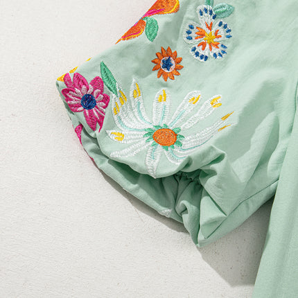 Clearly Aqua Floral Embroidered Puff Sleeve Split Neck Blouse