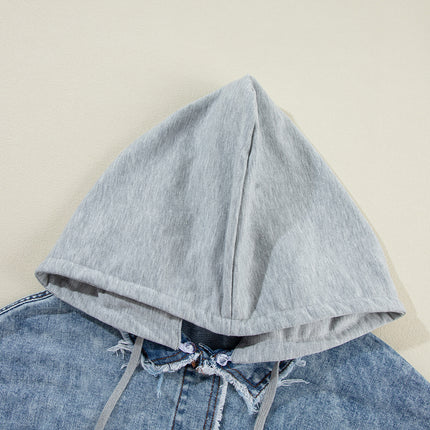 Beau Blue Plaid Print Patchwork Hooded Raw Hem Denim Jacket