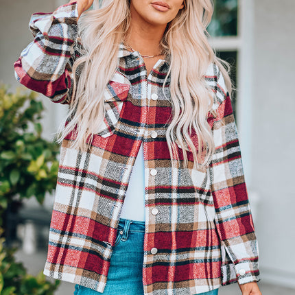 Fiery Red Geometric Plaid Print Pocketed Shacket