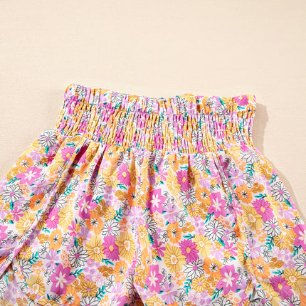 Pink Boho Floral Shirred High Waist Casual Shorts