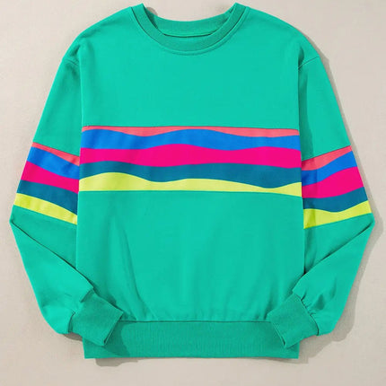 Green Colorful Striped Accent Long Sleeve T Shirt Dear-Lover Dropshipping