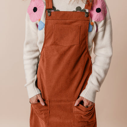 Cinnamon Solid Front Pockets Sleeveless Corduroy Overall Dress