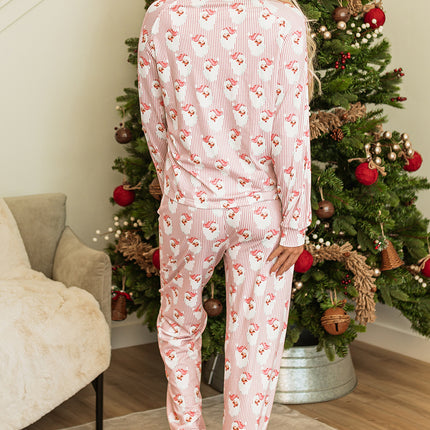 Pink Santa Claus Striped Print Loose Fit Two Piece Lounge Set, Christmas Pajamas