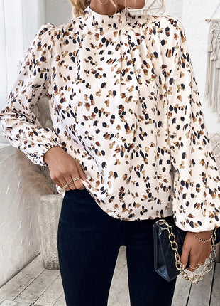 White Leopard Print Lantern Sleeve Mock Neck Pleated Blouse