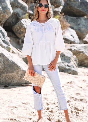 White Bow Knot Cutout Back Loose Fit 3/4 Sleeve Blouse