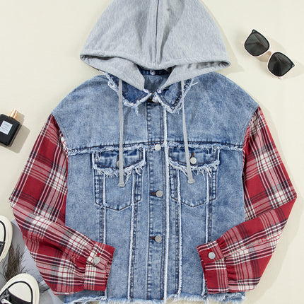 Beau Blue Plaid Print Patchwork Hooded Raw Hem Denim Jacket