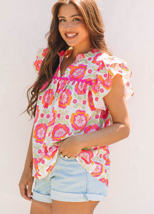 Rose Floral Ruffled Sleeve Ric-rac Trim Split Neck Loose Blouse