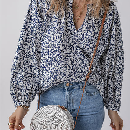 Blue Floral Print Notched V Neck Puff Sleeve Blouse