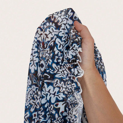 Blue Tribal Print Lace-up Frilled Neck Puff Sleeve Blouse