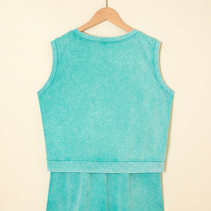 Mint Green 2 Pieces Mineral Wash Cotton Tank Top Lined Split Skirt Set