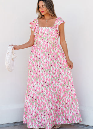 Pink Floral Print Square Neck Ruffled Strap Maxi Dress