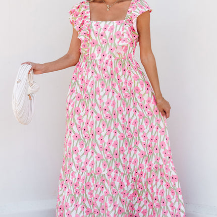 Pink Floral Print Square Neck Ruffled Strap Maxi Dress