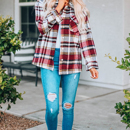 Fiery Red Geometric Plaid Print Pocketed Shacket