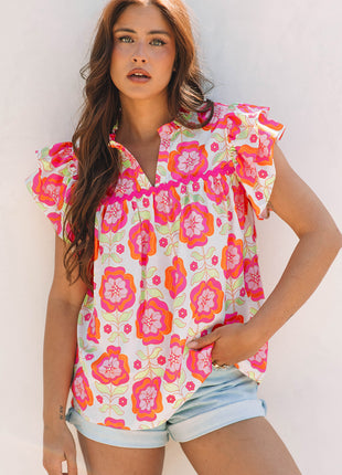 Rose Floral Ruffled Sleeve Ric-rac Trim Split Neck Loose Blouse