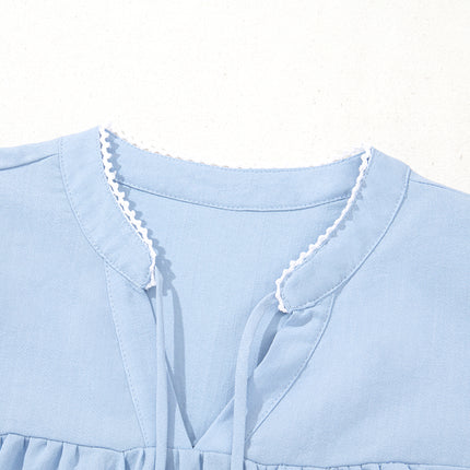 Beau Blue Floral Embroidered Puff Sleeve Split Neck Blouse