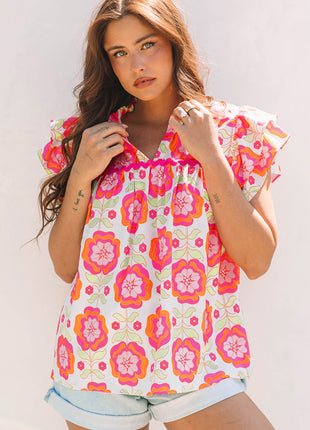 Rose Floral Ruffled Sleeve Ric-rac Trim Split Neck Loose Blouse