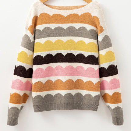 Yellow Wave Striped Balloon Sleeve Drop Shoulder Sweater