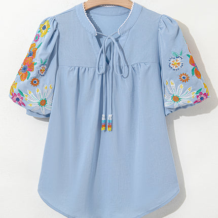 Beau Blue Floral Embroidered Puff Sleeve Split Neck Blouse
