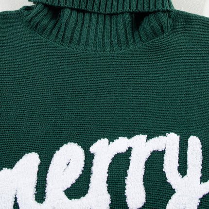 Blackish Green Merry Letter Embroidered High Neck Sweater