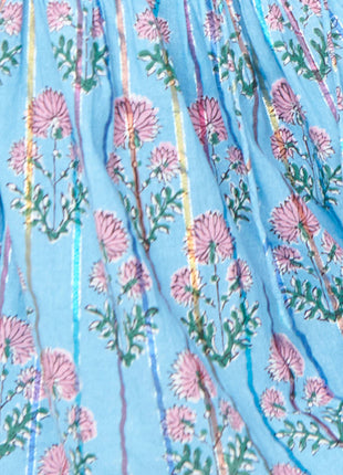 Sky Blue Floral Striped Print Shirred Yoke Split Neck Blouse
