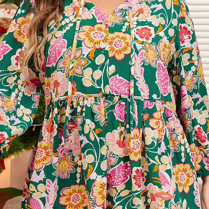Green Floral Tied V Neck Long Sleeve Plus Size Babydoll Top