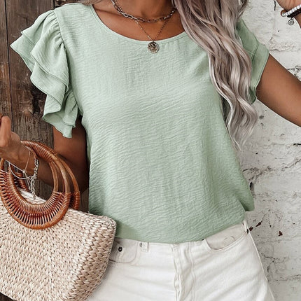 Clearly Aqua Solid Color Ruffled Short Sleeve Casual Blouse