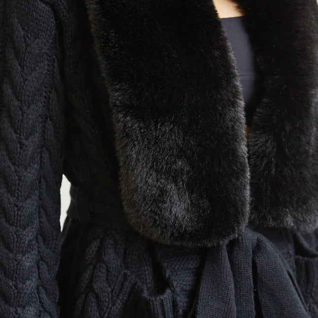 Cozy Faux Fur Trim Long Cable Knit Cardigan for Women – Winter Sweater