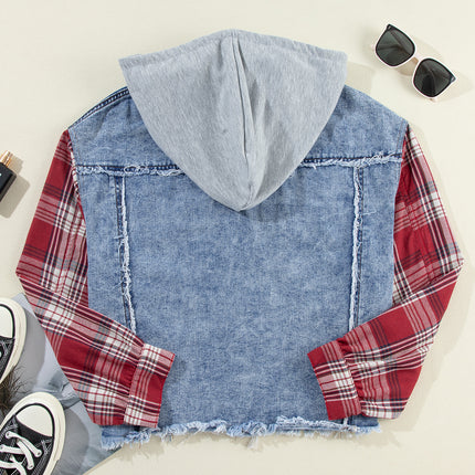 Beau Blue Plaid Print Patchwork Hooded Raw Hem Denim Jacket