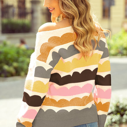 Yellow Wave Striped Balloon Sleeve Drop Shoulder Sweater