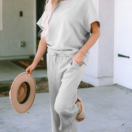 Gray Textured Loose Fit T Shirt and Drawstring Pants Set