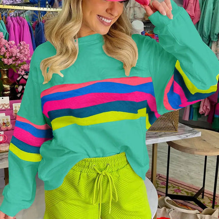 Green Colorful Striped Accent Long Sleeve T Shirt Dear-Lover Dropshipping