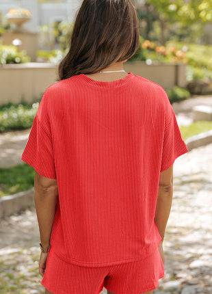 Ribbed Textured Knit Loose Fit Tee and Shorts Set