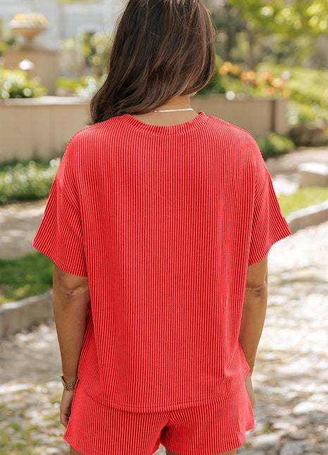 Ribbed Textured Knit Loose Fit Tee and Shorts Set