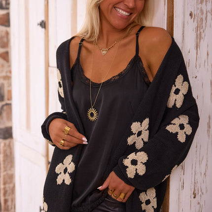 Black Floral Print Knitted Open Front Loose Cardigan