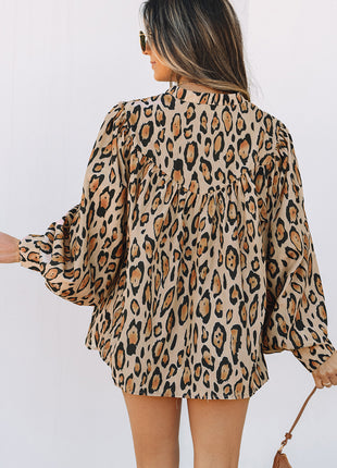 Light French Beige Oversized Leopard Print Balloon Sleeve Casual Shirt