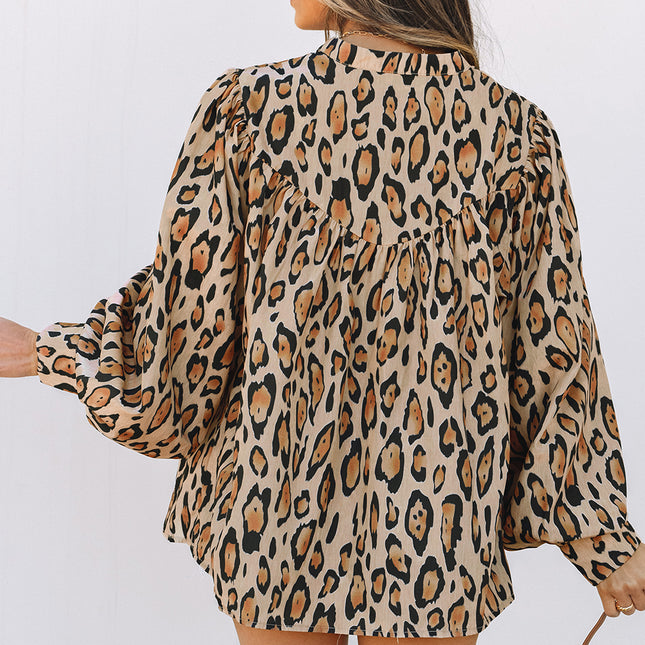 Light French Beige Oversized Leopard Print Balloon Sleeve Casual Shirt