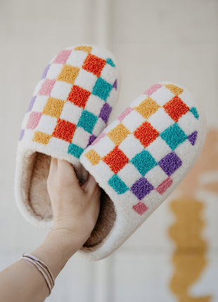 White Vibrant Checkered Plush Thermal Slippers