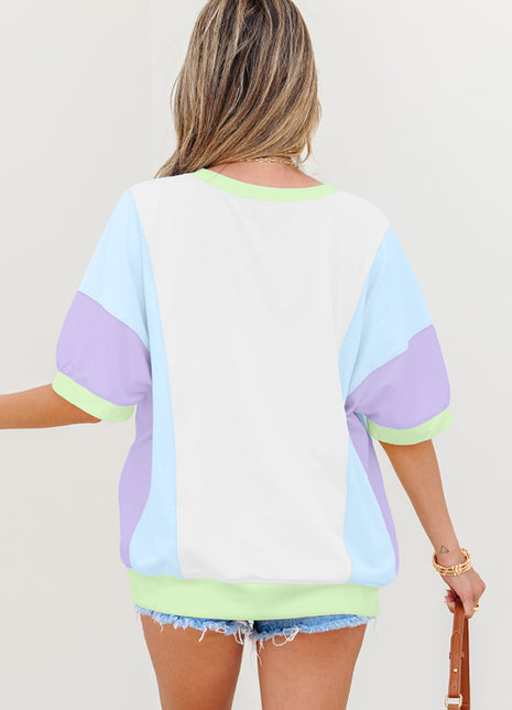 White Color Block Patchwork Half Sleeve Oversized T Shirt