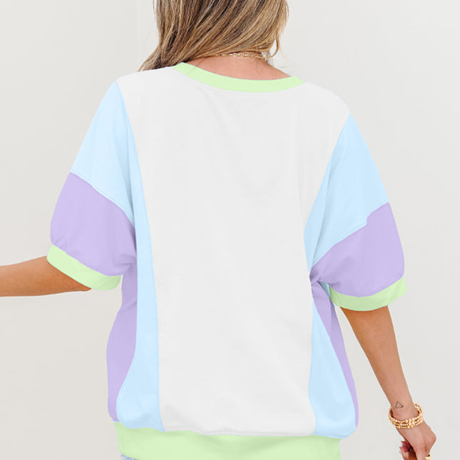 White Color Block Patchwork Half Sleeve Oversized T Shirt