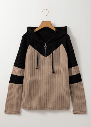 Parchment Textured Colorblock Long Sleeve Quarter Zip Drawstring Hooded Top
